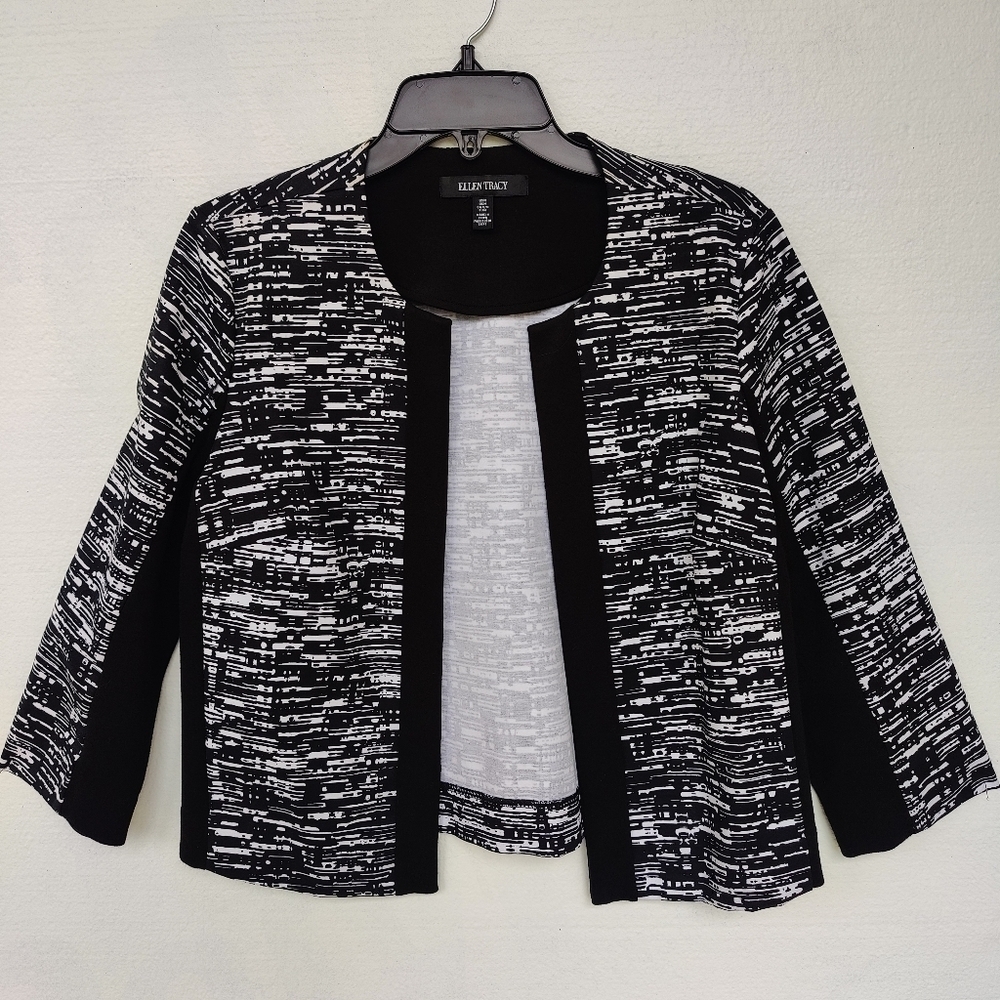 Ellen Tracy Women's Cropped Open Front Jacket Office Carrier  Black White Size M